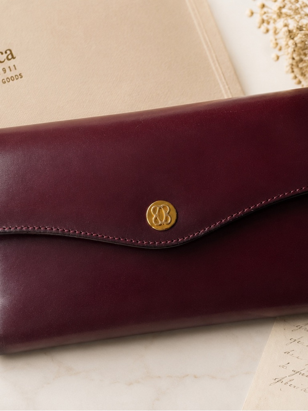 Vintage Bosca Full Grain Leather Oxblood Checkbook Wallet Kiss Lock Clutch